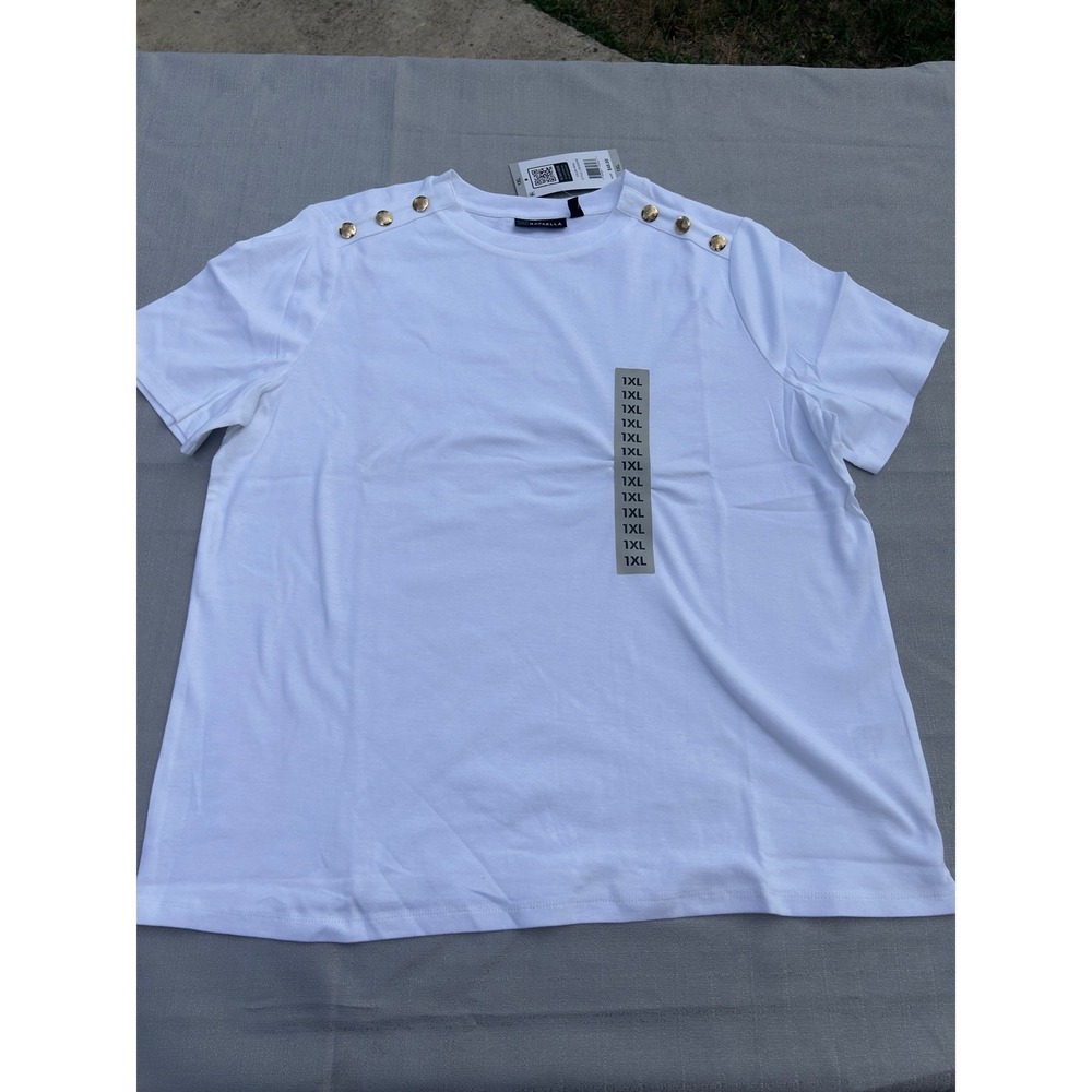Rafaella Womens Crew Neck Button Shoulder Top 1XL White Short Sleeve NWT